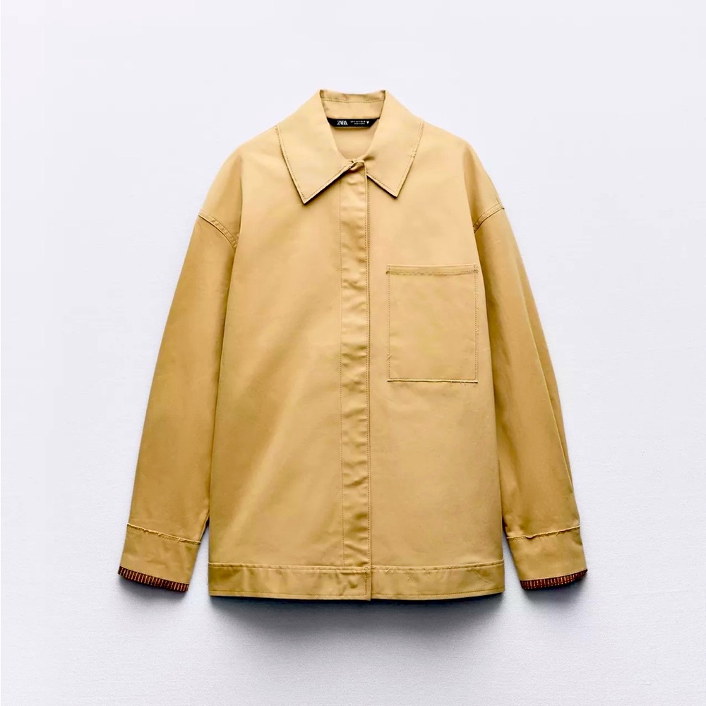Zara Striped Cuff Overshirt Jacket Size Large Taupe Brown